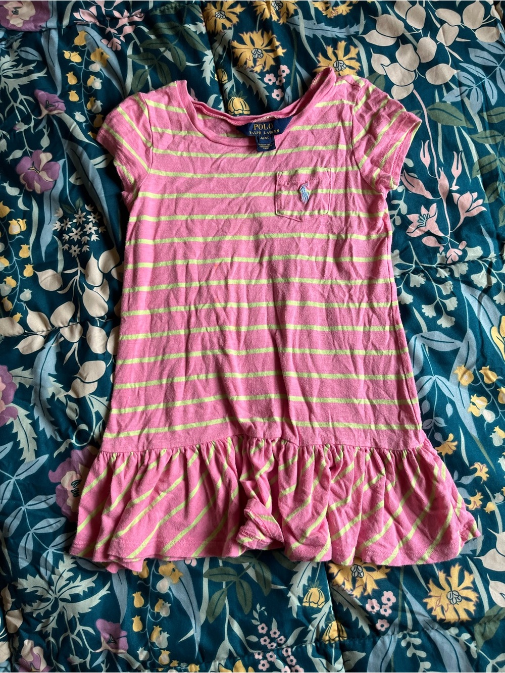 Polo by Ralph Lauren Pink and Lime Striped Ruffle-Hem Girls' Dress Size 4/4T